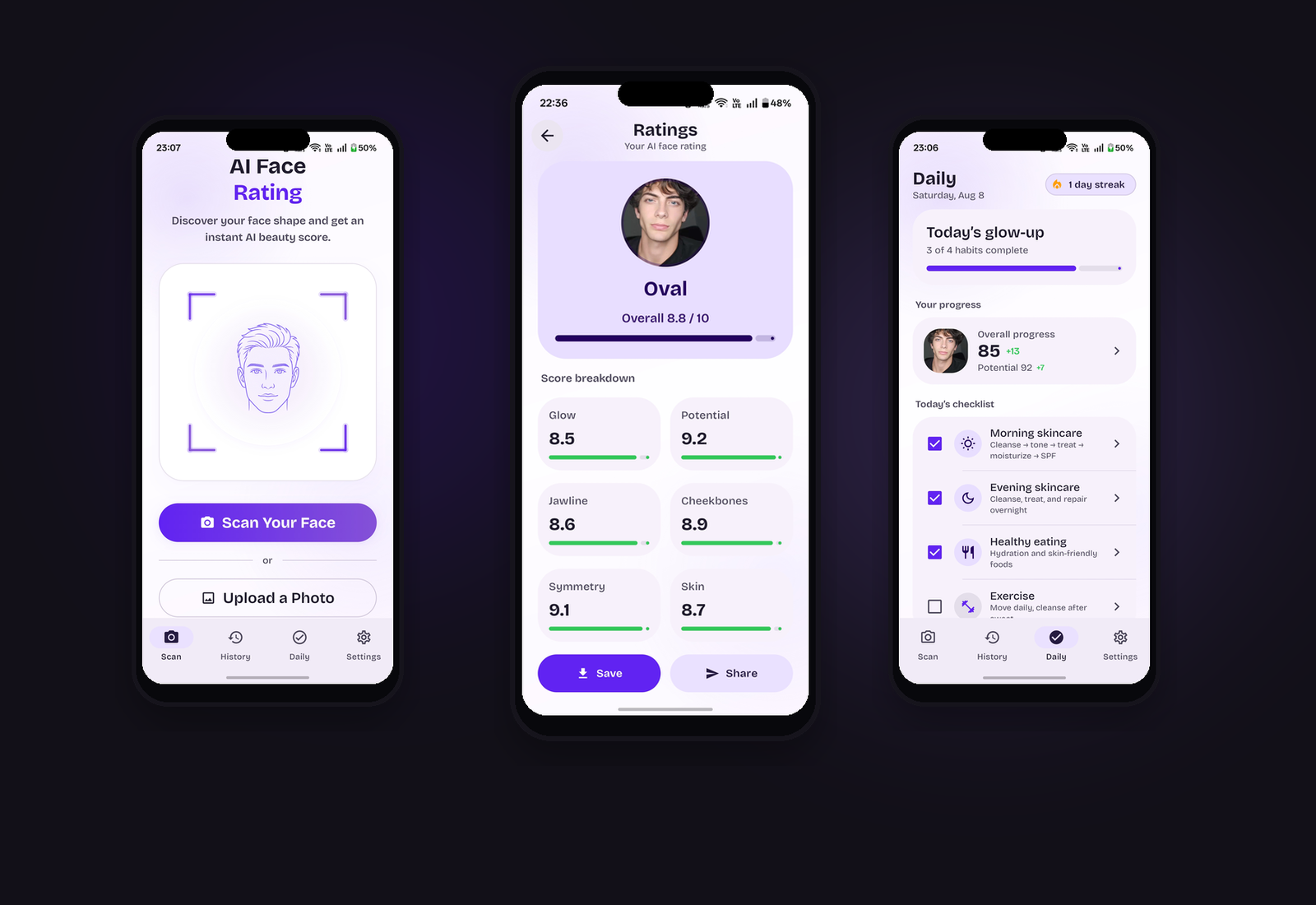RateMyFace AI on three phones — Home, Ratings, and Daily in dark mode