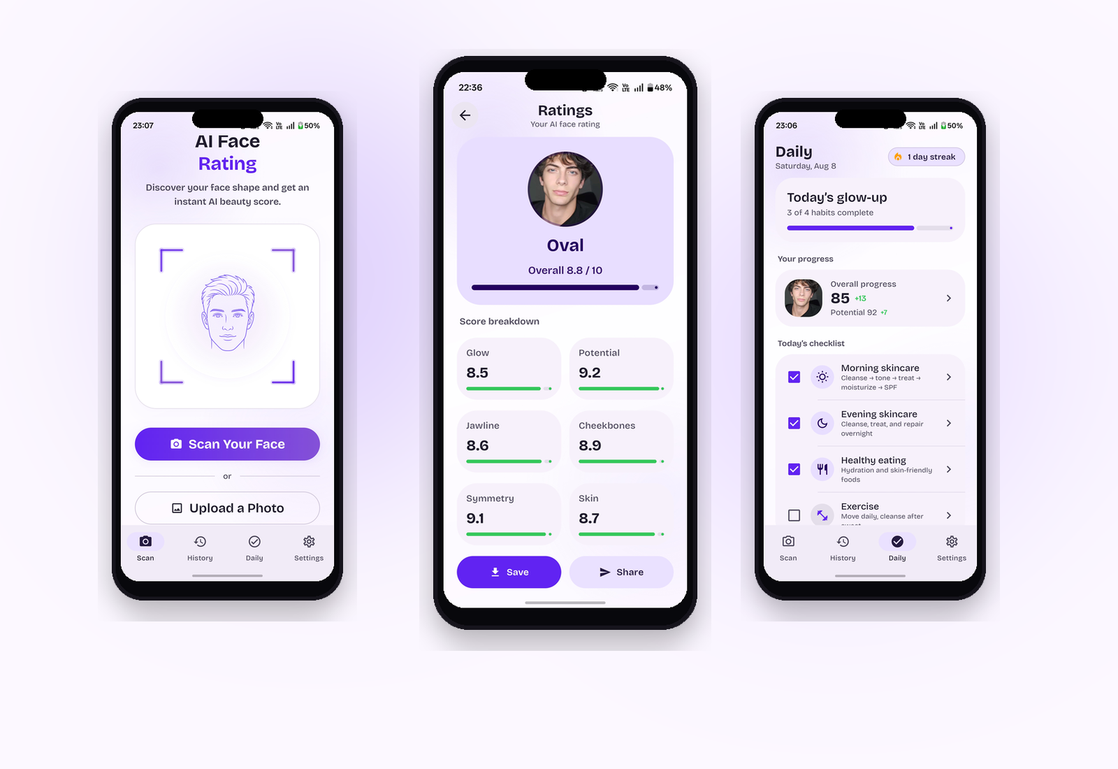 RateMyFace AI on three phones — Home, Ratings, and Daily in light mode
