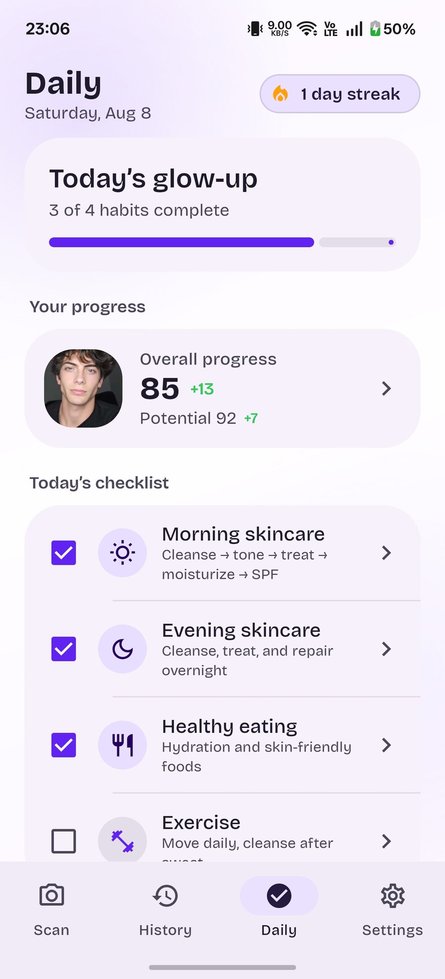 Daily routine screen in dark mode