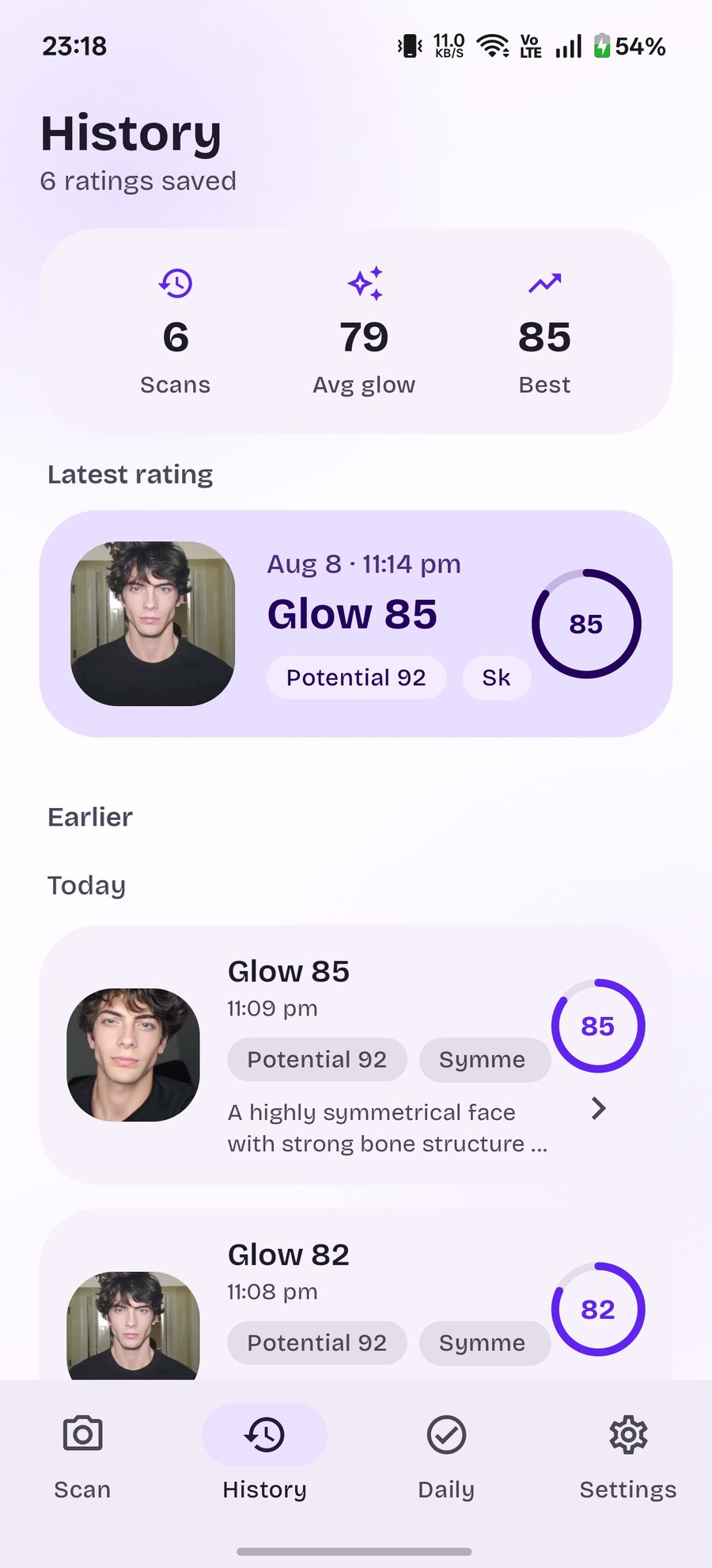 History screen in dark mode