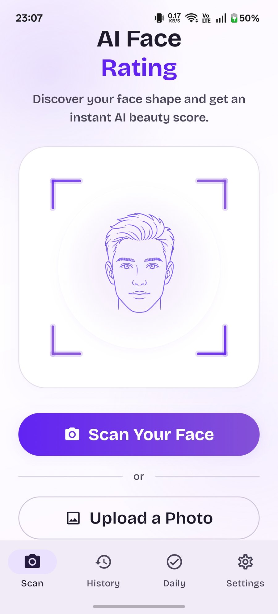RateMyFace AI home screen in dark mode